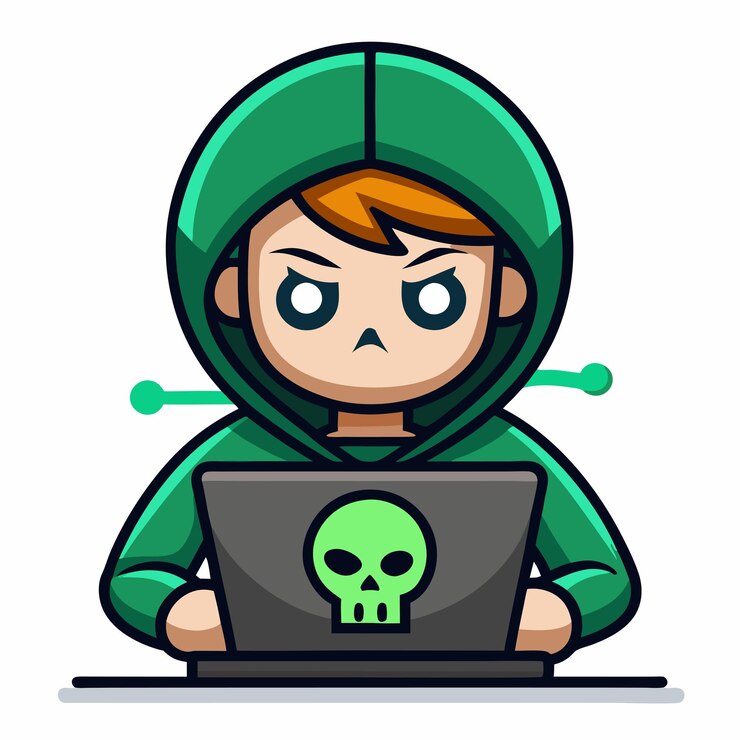Vector cartoon hacker character con gafas e ilustración de computadora portátil para diseños de tecnología y juegos