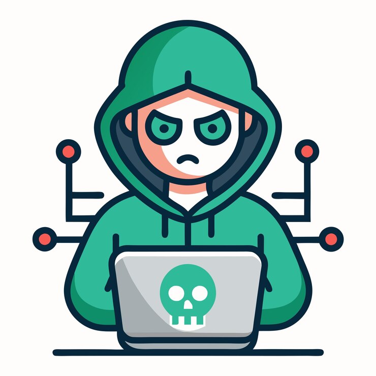 Vector cartoon hacker character con gafas e ilustración de computadora portátil para diseños de tecnología y juegos