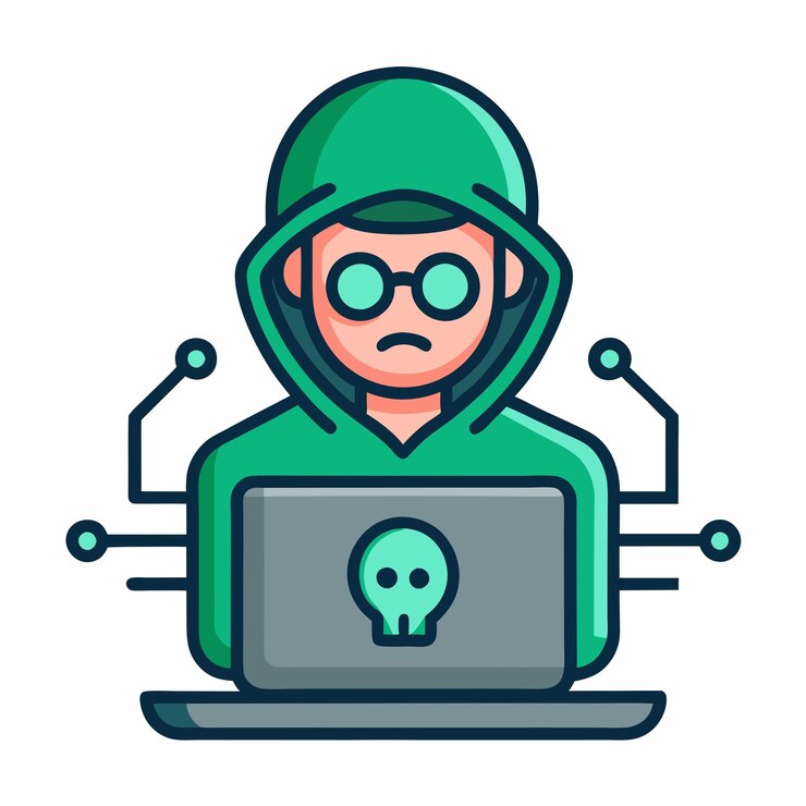 Vector cartoon hacker character con gafas e ilustración de computadora portátil para diseños de tecnología y juegos