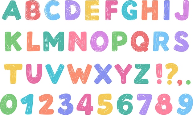 Cartoon handdrawn alphabet letters and figures Cute children doodle illustratons