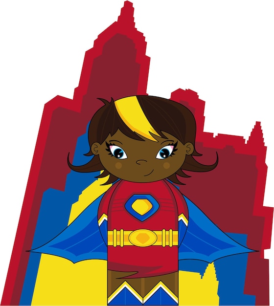 Cartoon Heroic Superhero Girl Comic Book Character and Skyscrapers Ilustración