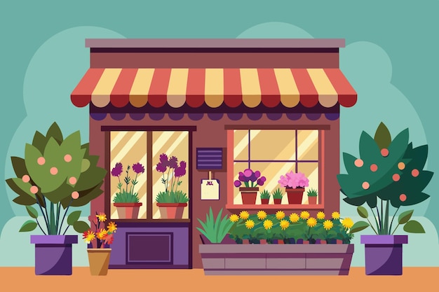 Vector a cartoon illustration of a house with a plant and a pot of flowers