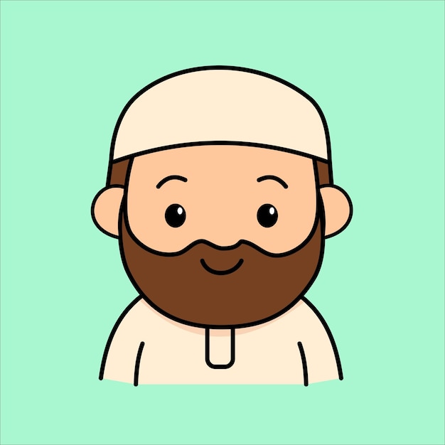Cartoon illustration of a smiling Muslim man with a beard and cap