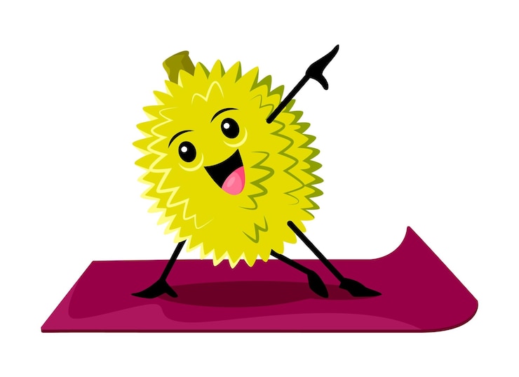 Vector cartoon jack fruit o personaje durian en fitness de yoga personaje divertido involucrado en ejercicios deportivos de pilates o clase de estiramiento lindo vector vitamina planta tropical soporte en una mano sobre estera en pose de yogui