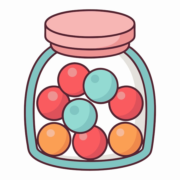 Cartoon jar filled with colorful round candies isolated on white background