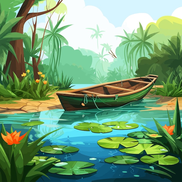 Vector cartoon_jungle_pond_water_with_fishing_boat