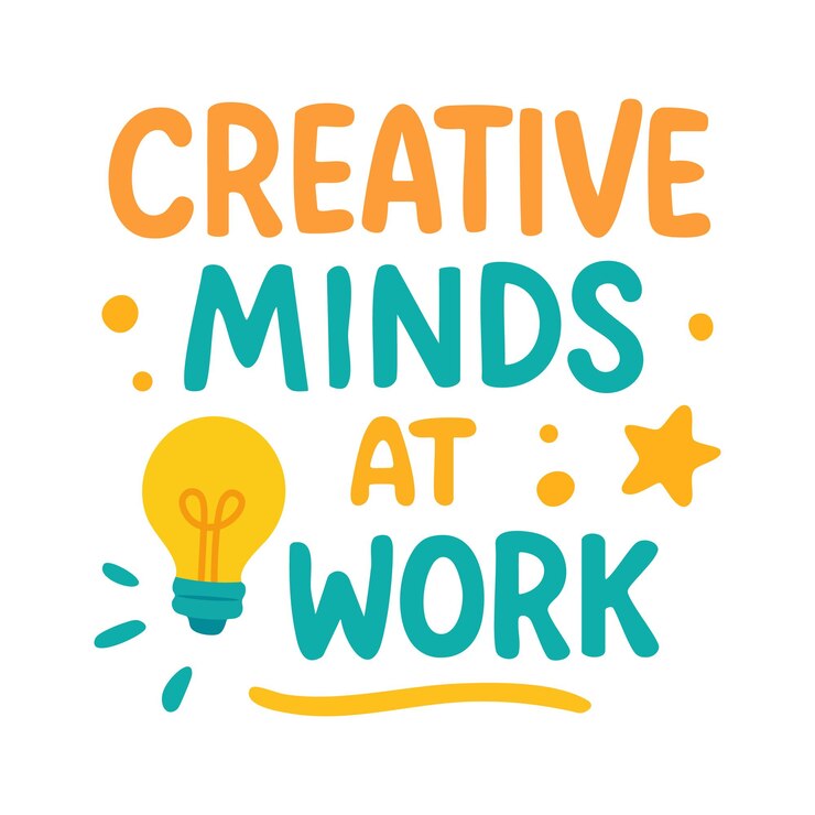 Vector cartoon lettering creative minds at work with light bulb and stars flat vector illustration