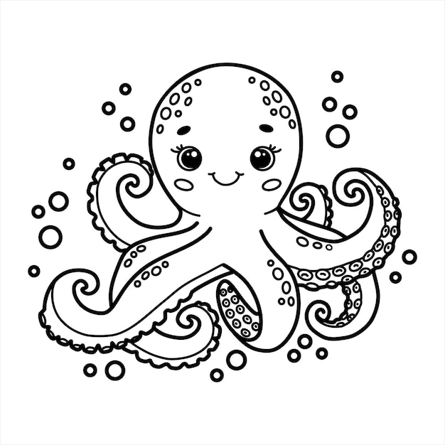 Cartoon lindo pulpo sonriente con burbujas Ilustración vectorial Libro de páginas para colorear para niños