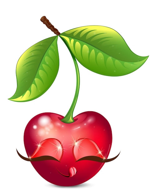 Vector cartoon lindo rojo delicioso cereza personaje de chica divertida con dos hojas aislado