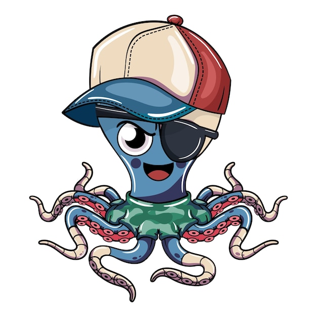 Vector cartoon malvado cyborg pulpo personaje con su gorra parche pirata y uniforme militar ilustración para fantasía ciencia ficción y cómics de aventura