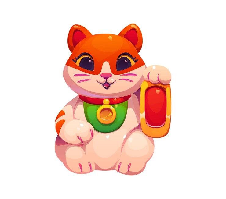 Vector cartoon maneki neko gato afortunado con una placa de oro