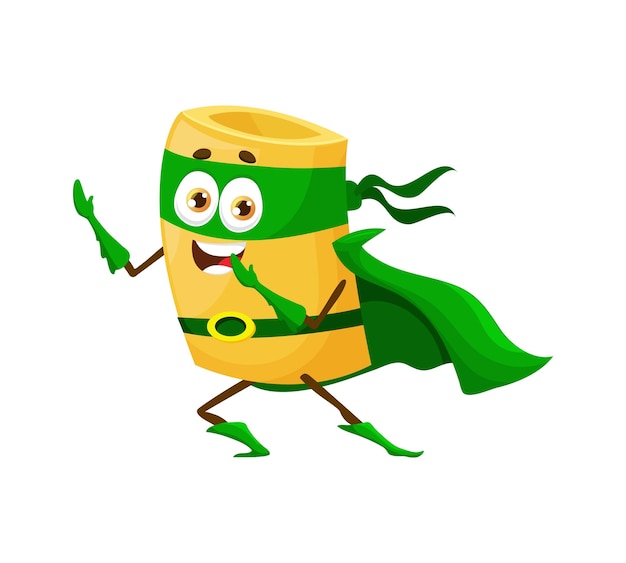 Vector cartoon paccheri comida italiana de pasta personaje de superhéroe vector aislado gracioso fideos personaje guardián con cara linda para niños menú super héroe usar defensor máscara verde y capa usar superpoderes