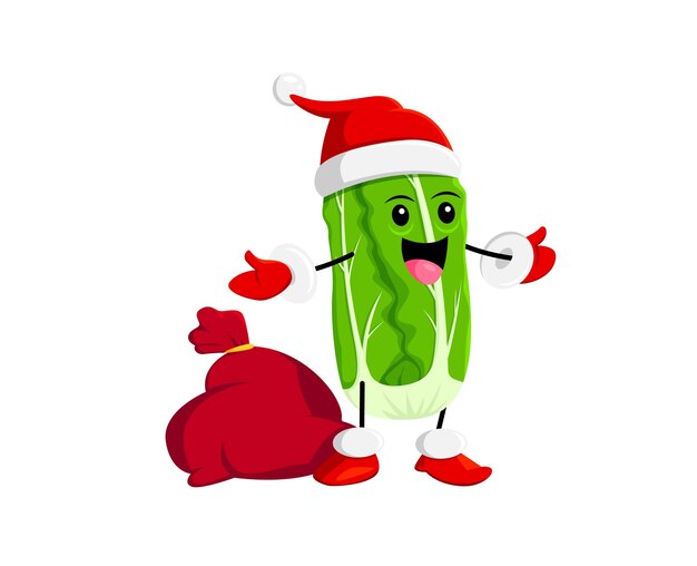 Vector cartoon pak choi repollo personaje de verduras en el sombrero de papá noel feliz navidad xmas o feliz celebración de vacaciones de año nuevo mascota vectorial temporada de invierno verduras de vacaciones personaje alegre con bolsa de regalos