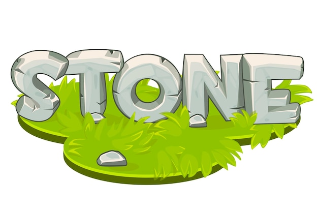 Cartoon palabra piedra en isla isométrica con hierba