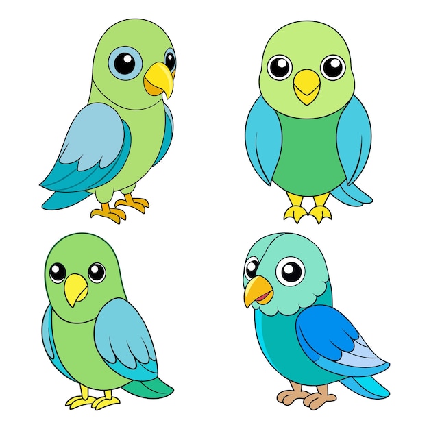 Cartoon Parakeet Clip Art Set Ilustraciones vectoriales aisladas para niños y amantes de la naturaleza