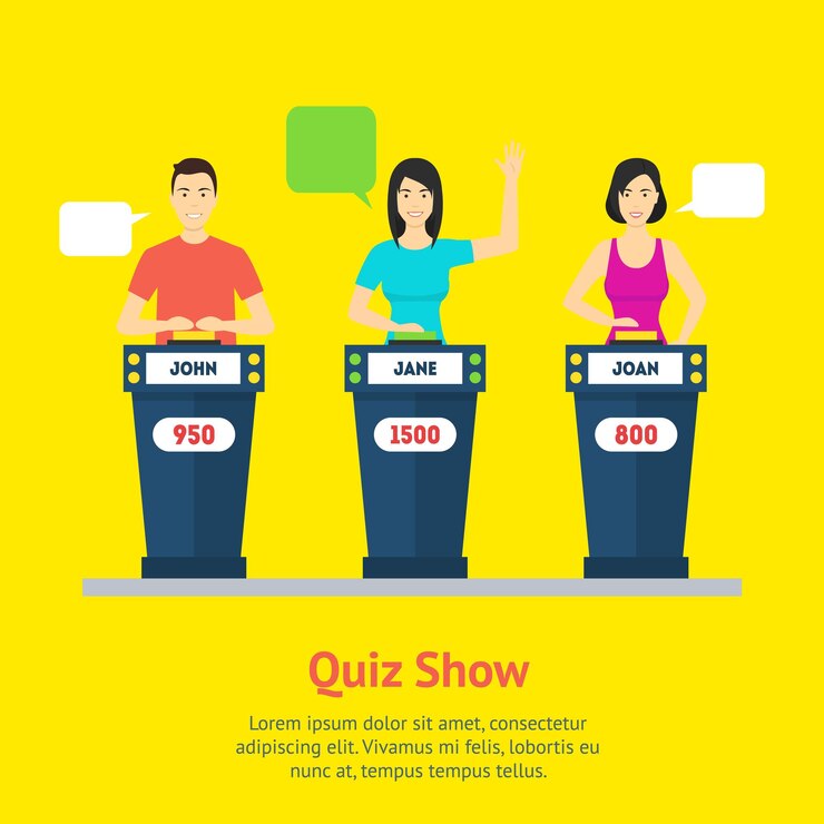 Vector cartoon people quiz game show concepto en una escena amarilla pregunta de competencia de prueba inteligente