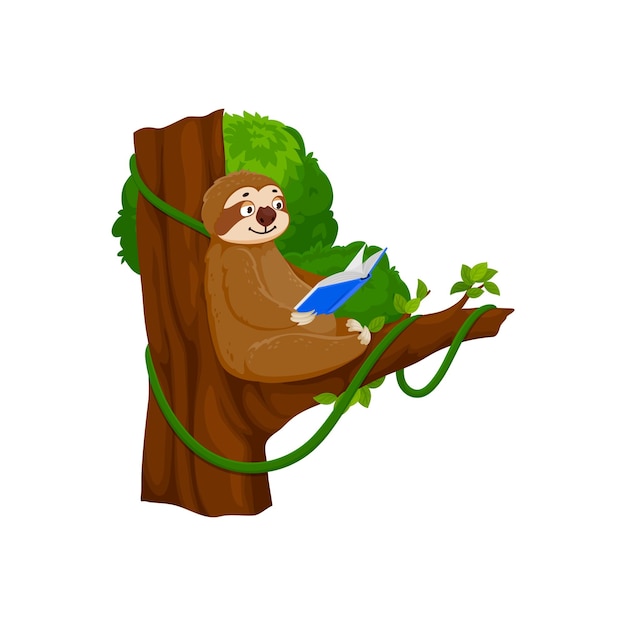 Vector cartoon personaje perezoso gracioso leyendo en el árbol vector aislado animal caprichoso posado perezosamente en una rama absorto en un libro con una sonrisa tonta saboreando lentamente cada palabra con un encanto relajado