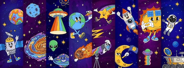 Cartoon personajes espaciales groovy collage vectorial