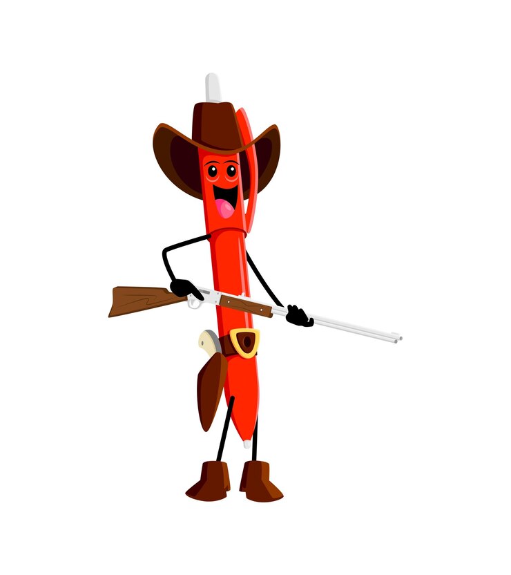 Vector cartoon pluma escuela suministro vaquero guardabosques alguacil y personaje ladrón héroe vector aislado listo para la aventura encarna el espíritu del salvaje oeste armado con un rifle confiable exuda encanto del viejo oeste