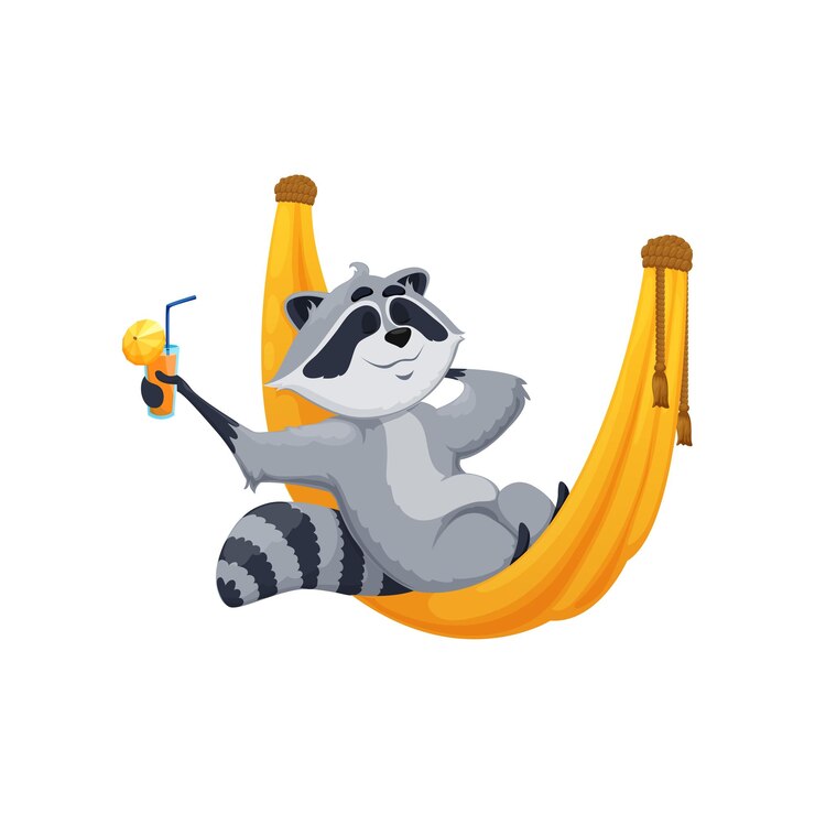Vector cartoon relajante personaje de mapaches en hamaca con jugo o bebida cóctel vector mascota animal lindo mapaches de vacaciones o vacaciones de verano en la diversión o disfrutar de relajarse en hammock con jugo de naranja