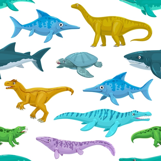 Cartoon reptil dinosaurio personajes animales patrón sin costuras papel de embalaje o textil impresión vectorial con Hyperodapedon Vulcanodon Megalodon y Ophthalmosaurus Liopleurodon Archelon dinosaurio lindo