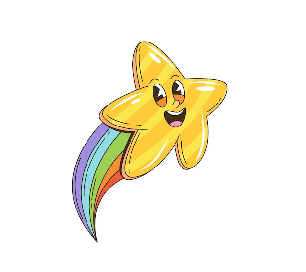 Cartoon retro groovy personaje estrella con arco iris