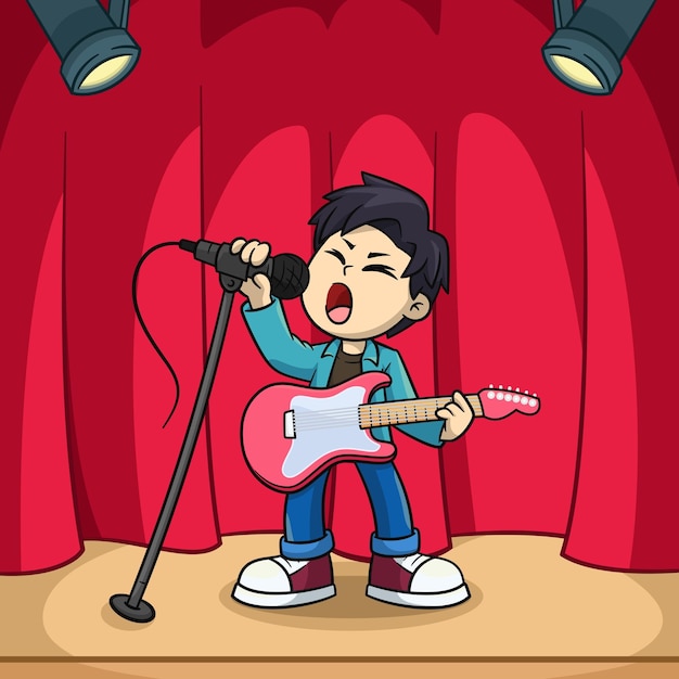 Cartoon Rockstar cantando y tocando la guitarra en el escenario