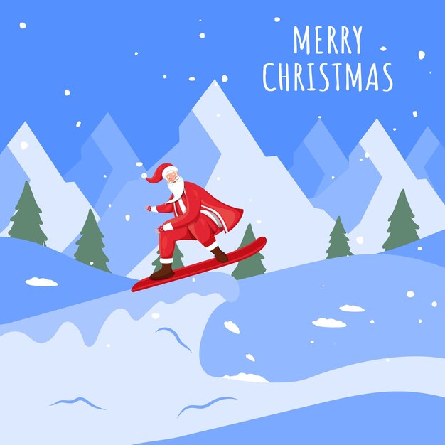 Cartoon santa claus en patineta en el paisaje de nieve azul telón de fondo para la celebración de feliz navidad