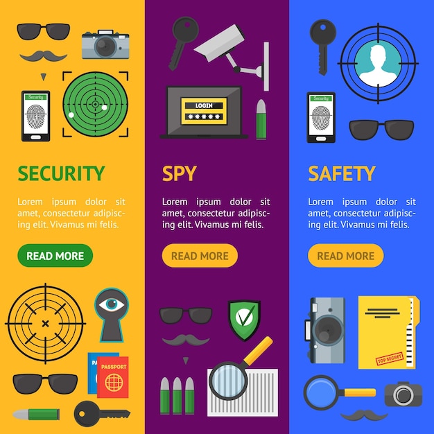 Cartoon Security y Spy Banner Vecrtical Set Vector