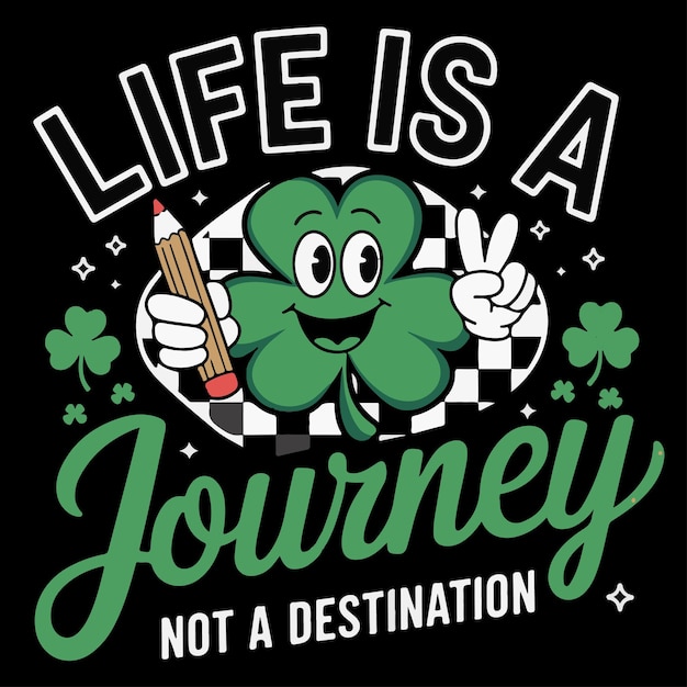 Cartoon Shamrock personaje de fondo a cuadros La vida es un viaje texto cita inspiradora lindo trébol mascota lápiz y signo de paz