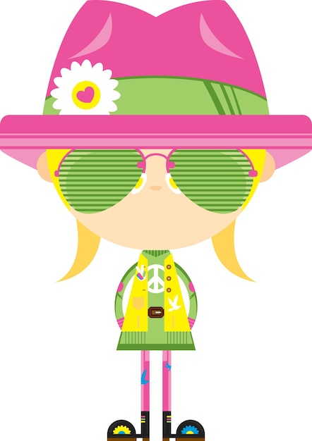 Cartoon Sixties Flower Power Hippie Girl personaje con gafas de sol de aviador y sombrero Trilby