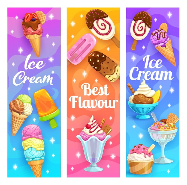 Vector cartoon sundae helado palo y cono vainilla y chocolate jugo de frutas hielo pop pancartas vectoriales helado café o gelatería fondo de menú con dulces postres congelados helado de frutas y bayas