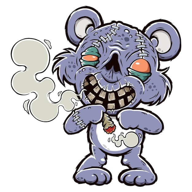 Vector cartoon teddy zombie fuma un cigarrillo con marihuana zombie bear evil bear