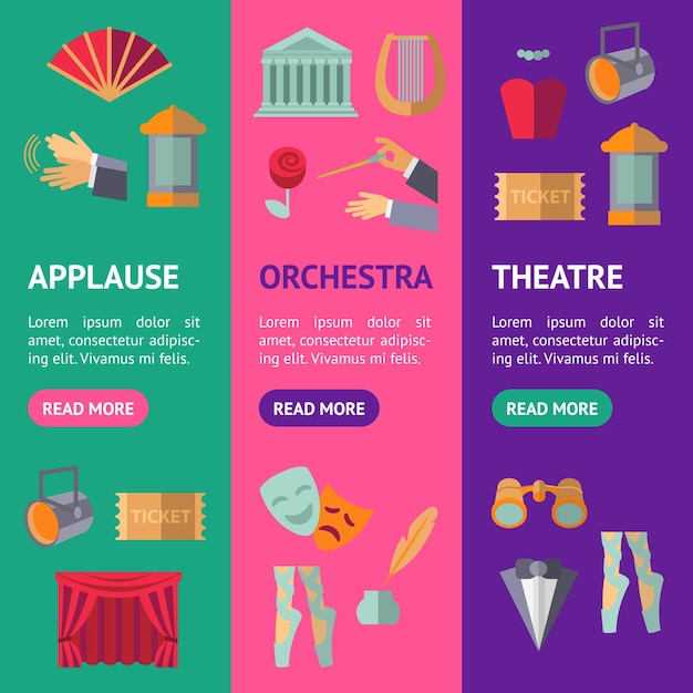 Cartoon Theatre Acting Performance Icon Banner Vecrtical Set Concept Flat Design Style Incluye máscara y cortina Ilustración vectorial de iconos