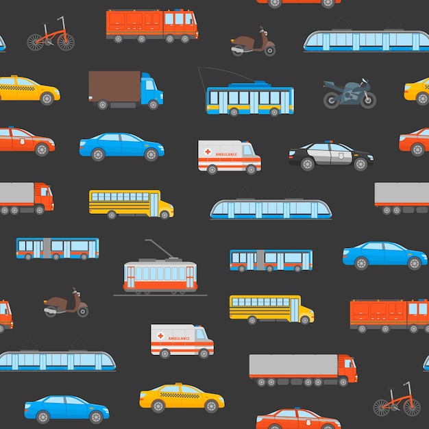 Cartoon Transporte Urbano Patrón sin costuras Fondo Ambulanza Policía Coche y Autobús Elementos Transporte Público Concepto Diseño plano Estilo Ilustración vectorial