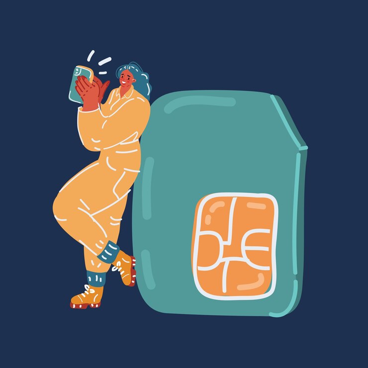 Vector cartoon vector illustration of sim card type size people standing on big mobile phone
