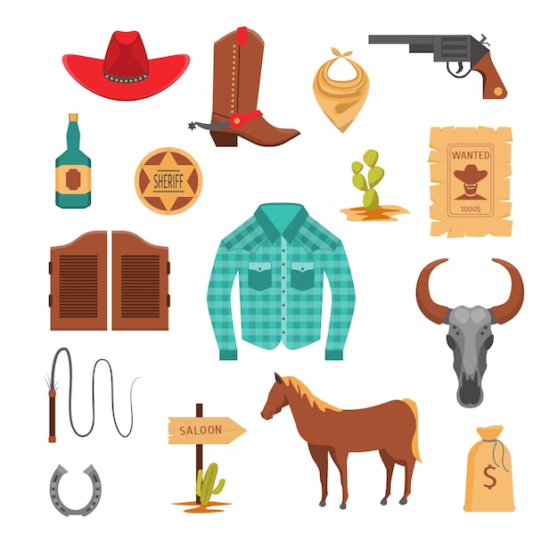 Cartoon Wild West Signos Icon Set Incluye de Cactus Sheriff Estrella y Vector de armas ilustración de los íconos