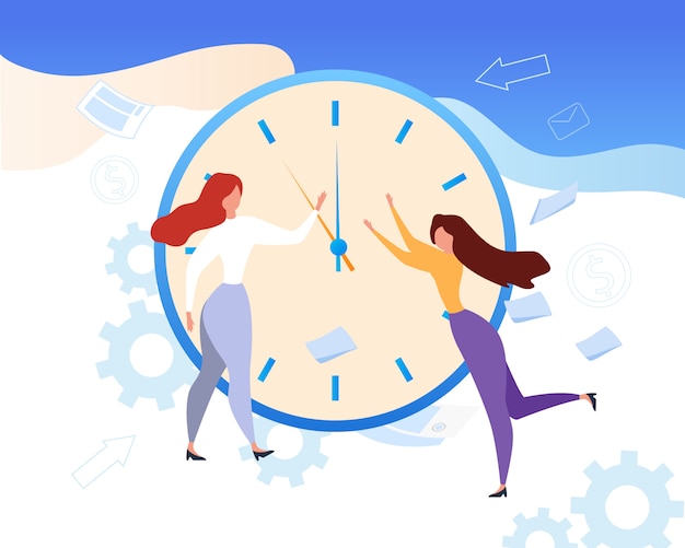 Cartoon Woman Stop Clock Hands Gestión del tiempo