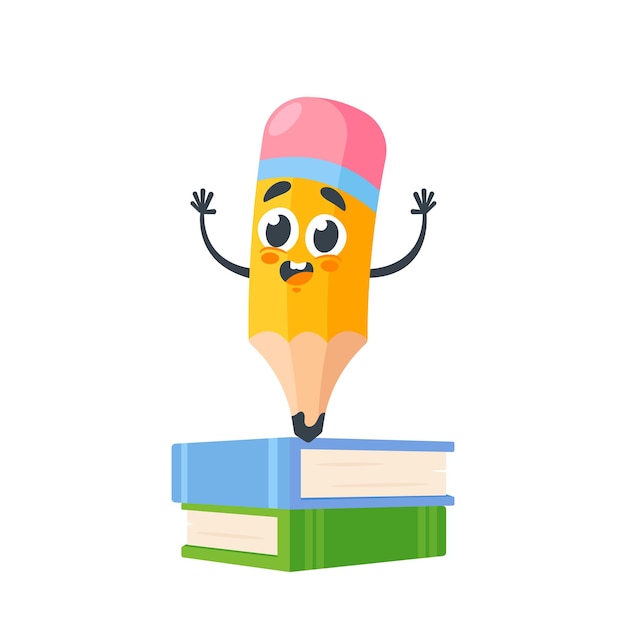 Cartoon Yellow Cartoon Pencil Telling Something Stand on Textbooks Pila Personaje inteligente aislado sobre fondo blanco Lápiz divertido humanizado Profesor o estudiante en libros Ilustración vectorial