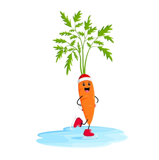 Cartoon zanahoria vegetal personaje patina en la pista de hielo celebración de navidad temporada de invierno festiva o feliz navidad salud vegetal vector personaje gracioso feliz año nuevo vegetal personaje alegre