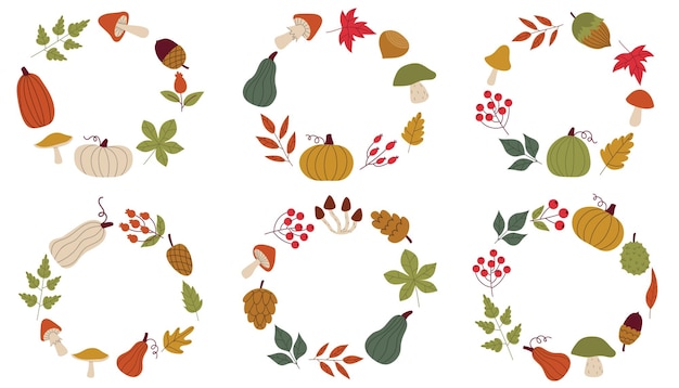 Cartoones lindos marcos redondos de otoño con calabazas y hojas conos y bayas