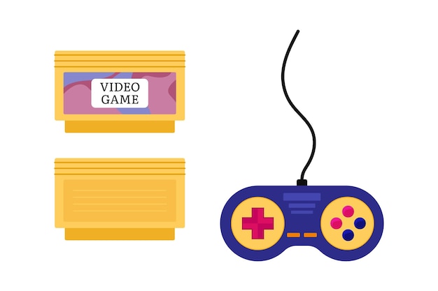 Cartucho de juego para consola retro Joystick de videojuegos de los años 90 y cassette amarillo aislado Vector ilustración plana de objetos de videojuegos pasados
