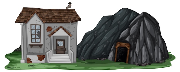 Vector una casa abandonada con una cueva de roca sobre fondo blanco.