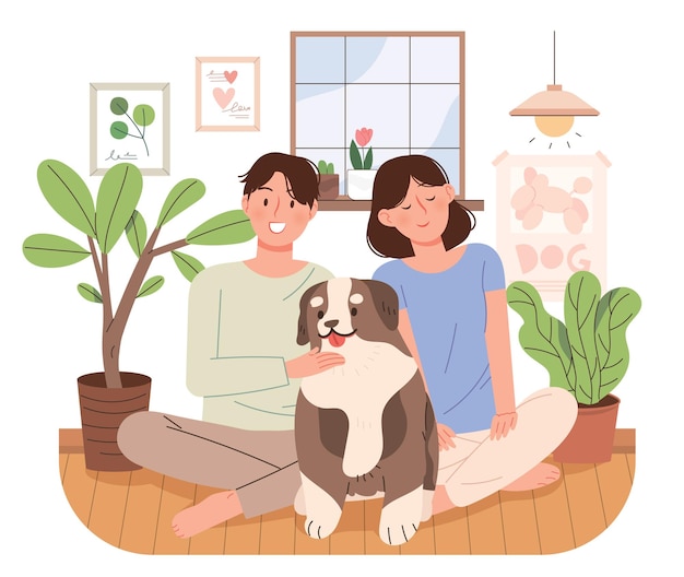 En una casa acogedora, una pareja joven está sentada con su perro y pasándoselo bien
