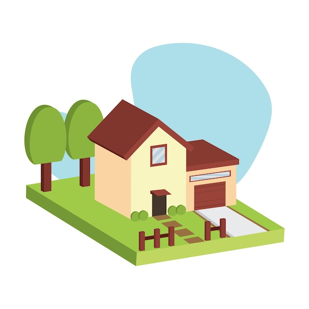 Casa acogedora con valla y árbol Vector