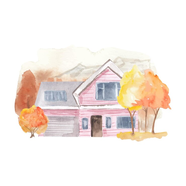 Casa de acuarela con paisaje otoñal, escena de otoño.