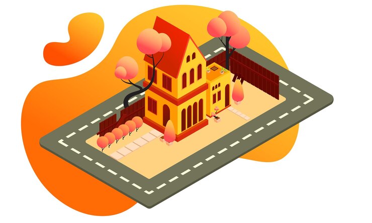 casa amarilla de diseño isométrico en otoño