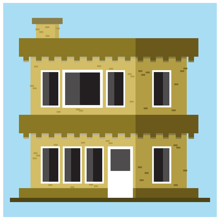 Vector una casa amarilla con una puerta blanca y una puerta blanca.