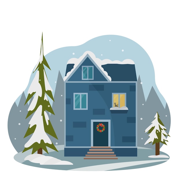 Casa de año nuevo en el bosque Casa de muñecas Paisaje navideño invernal con casa de dibujos animados