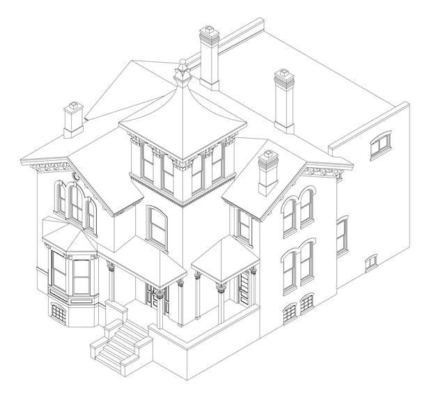 Casa antigua en estilo victoriano Ilustración sobre fondo blanco Ilustración en blanco y negro en cont.